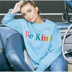 Lexi Llama Be Kind Embroidered Crewneck Sweater Small Blue Merch Pullover
